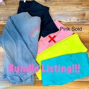Fabletics 4 Piece Bundle. Black Shirt, Gray Sweatshirt, Yellow and Teal Leggings